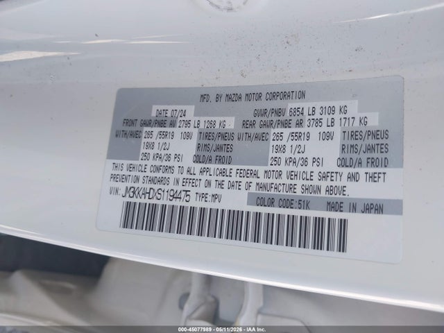 45077989 :رقم المزاد ، JM3KKAHDXS1194475 vin ، 2025 Mazda Cx-90 3.3 Turbo Select Package مزاد بيع