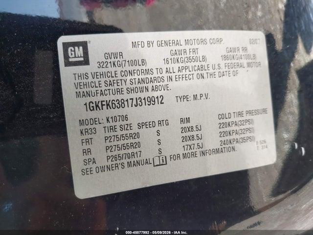 45077992 :رقم المزاد ، 1GKFK63817J319912 vin ، 2007 Gmc Yukon Denali Denali مزاد بيع