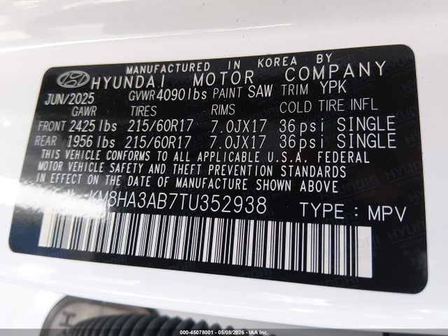 Aukcja sprzedaży 2026 Hyundai Kona Se, vin: KM8HA3AB7TU352938, numer aukcji: 45078001