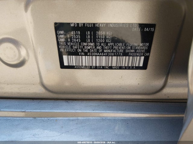 45078010 :رقم المزاد ، 4S3BNAA64F3061779 vin ، 2015 Subaru Legacy 2.5i مزاد بيع