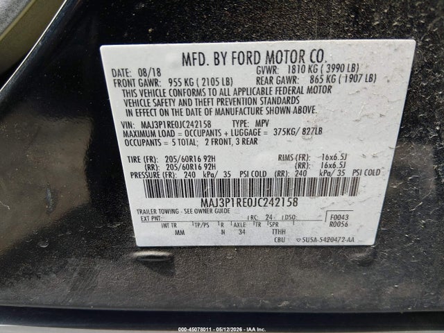 2018 Ford Ecosport S მანქანა იყიდება აუქციონზე, vin: MAJ3P1RE0JC242158, აუქციონის ნომერი: 45078011