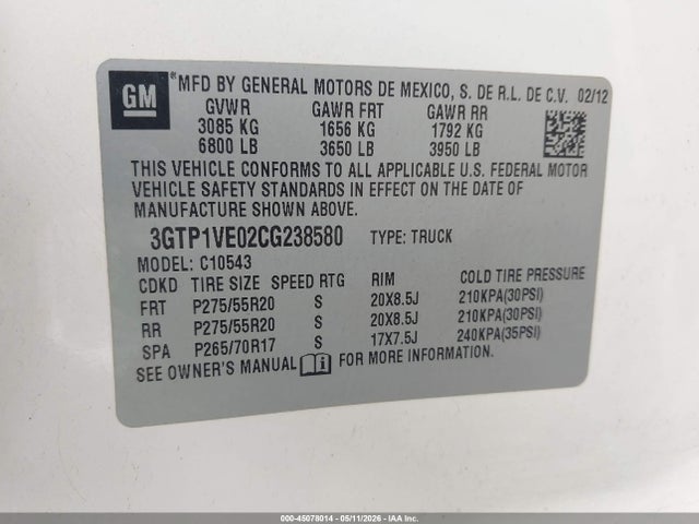 Aukcja sprzedaży 2012 Gmc Sierra 1500 Sle, vin: 3GTP1VE02CG238580, numer aukcji: 45078014