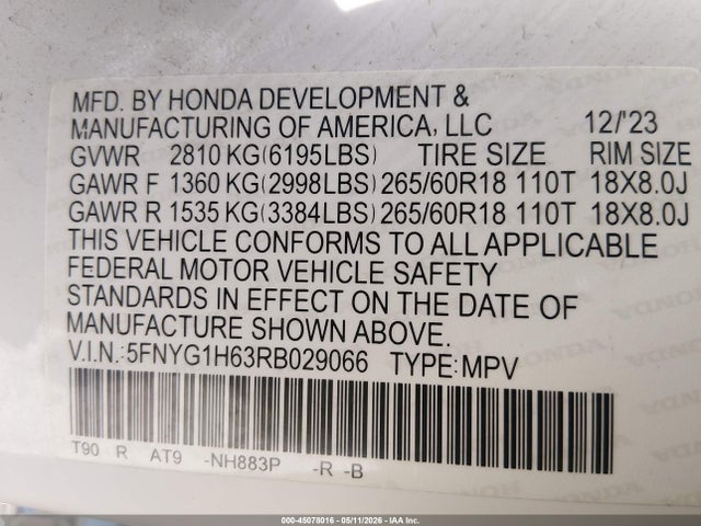 2024 Honda Pilot Trailsport მანქანა იყიდება აუქციონზე, vin: 5FNYG1H63RB029066, აუქციონის ნომერი: 45078016