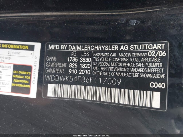 Aukcja sprzedaży 2006 Mercedes-benz Slk 280, vin: WDBWK54F36F117009, numer aukcji: 45078017