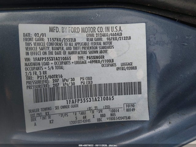 Aukcja sprzedaży 2001 Ford Taurus Ses, vin: 1FAFP55S31A210865, numer aukcji: 45078022
