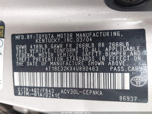 Продаж на аукціоні авто 2004 Toyota Camry Le, vin: 4T1BE32KX4U890463, номер лоту: 45078026