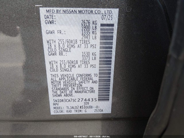 Aukcja sprzedaży 2025 Nissan Pathfinder Sl Fwd, vin: 5N1DR3CA7SC274435, numer aukcji: 45078027