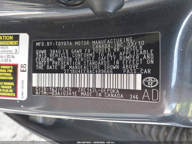 45078031 :رقم المزاد ، 2T1BU4EE8AC489666 vin ، 2010 Toyota Corolla Le مزاد بيع