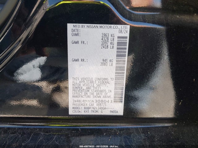 2025 Nissan Altima Sv Fwd მანქანა იყიდება აუქციონზე, vin: 1N4BL4DVXSN308043, აუქციონის ნომერი: 45078033
