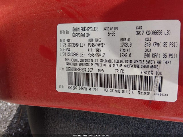 45078035 :رقم المزاد ، 1D7HU18N95S341167 vin ، 2005 Dodge Ram 1500 Slt/laramie مزاد بيع
