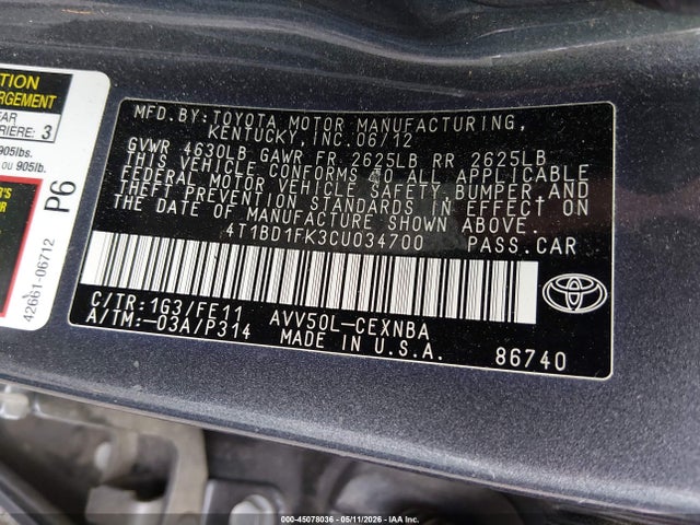 Aukcja sprzedaży 2012 Toyota Camry Hybrid Le, vin: 4T1BD1FK3CU034700, numer aukcji: 45078036