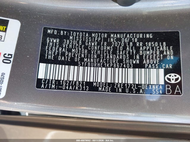 Toyota COROLLA LE 2019 5YFBURHE1KP867403 Image 9