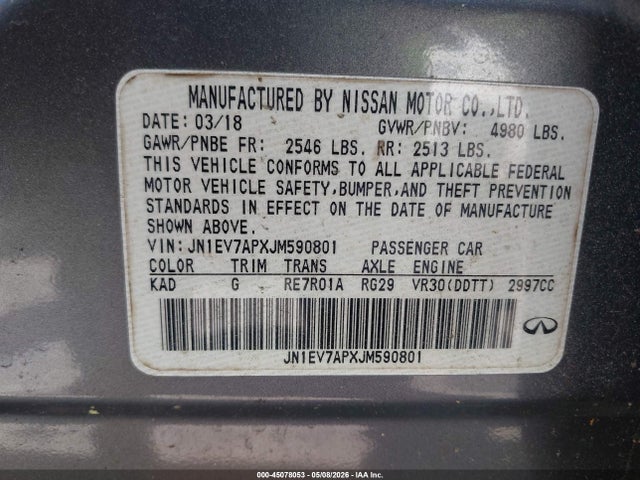 Aukcja sprzedaży 2018 Infiniti Q50 3.0t Luxe, vin: JN1EV7APXJM590801, numer aukcji: 45078053