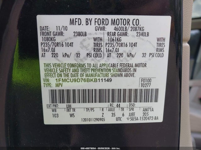 45078054 :رقم المزاد ، 1FMCU9D76BKB11149 vin ، 2011 Ford Escape Xlt مزاد بيع