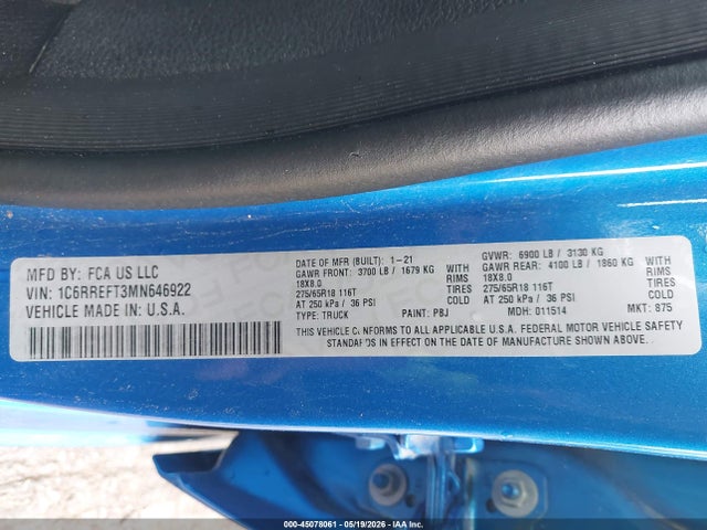 Продажа на аукционе авто 2021 Ram 1500 Lone Star  4x2 5'7 Box, vin: 1C6RREFT3MN646922, номер лота: 45078061