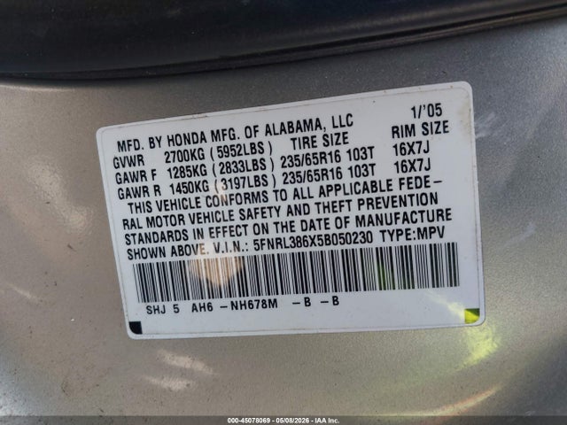 45078069 :رقم المزاد ، 5FNRL386X5B050230 vin ، 2005 Honda Odyssey Ex-l مزاد بيع
