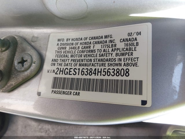 Aukcja sprzedaży 2004 Honda Civic Vp, vin: 2HGES16384H563808, numer aukcji: 45078075