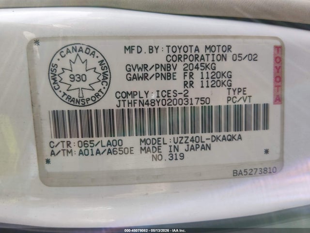 Продажа на аукционе авто 2002 Lexus Sc 430, vin: JTHFN48Y020031750, номер лота: 45078082