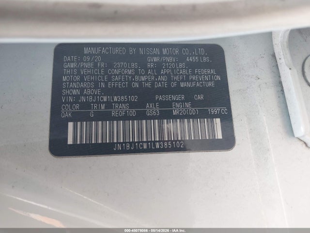 Auction sale of the 2020 Nissan Rogue Sport S Awd Xtronic Cvt, vin: JN1BJ1CW1LW385102, lot number: 45078086