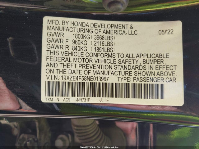 45078089 :رقم المزاد ، 19XZE4F58NE013967 vin ، 2022 Honda Insight Ex مزاد بيع