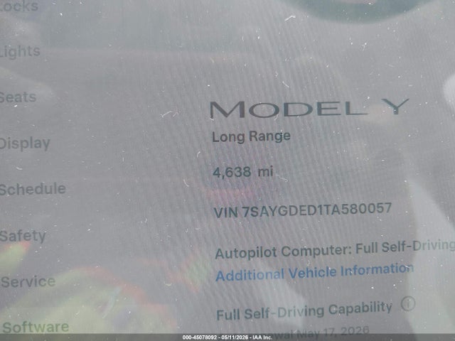 45078092 :رقم المزاد ، 7SAYGDED1TA580057 vin ، 2026 Tesla Model Y مزاد بيع