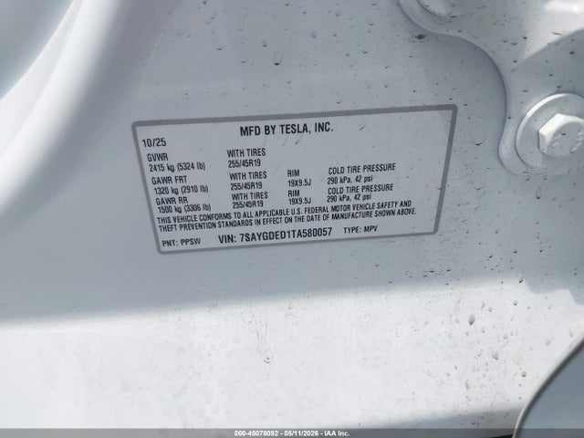 45078092 :رقم المزاد ، 7SAYGDED1TA580057 vin ، 2026 Tesla Model Y مزاد بيع
