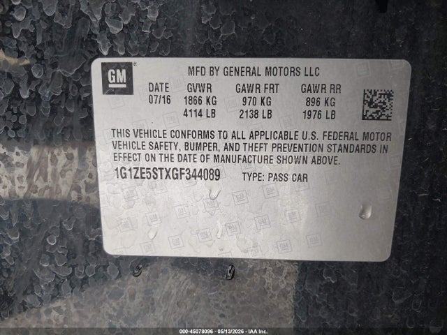Продаж на аукціоні авто 2016 Chevrolet Malibu 1lt, vin: 1G1ZE5STXGF344089, номер лоту: 45078096