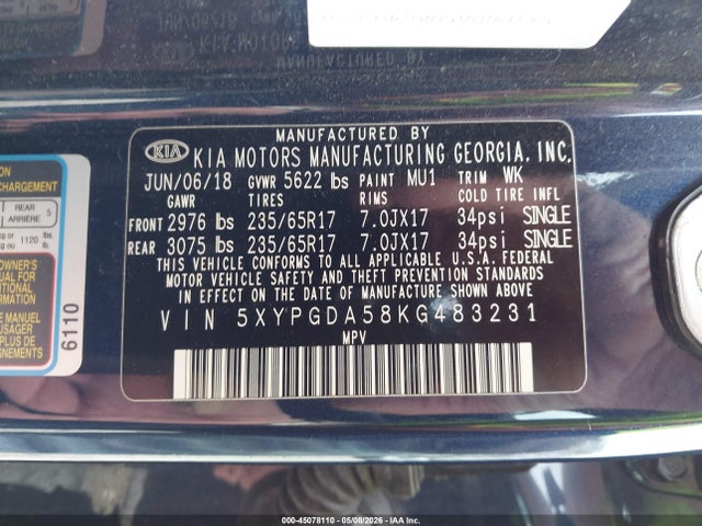 45078110 :رقم المزاد ، 5XYPGDA58KG483231 vin ، 2019 Kia Sorento 3.3l Lx مزاد بيع