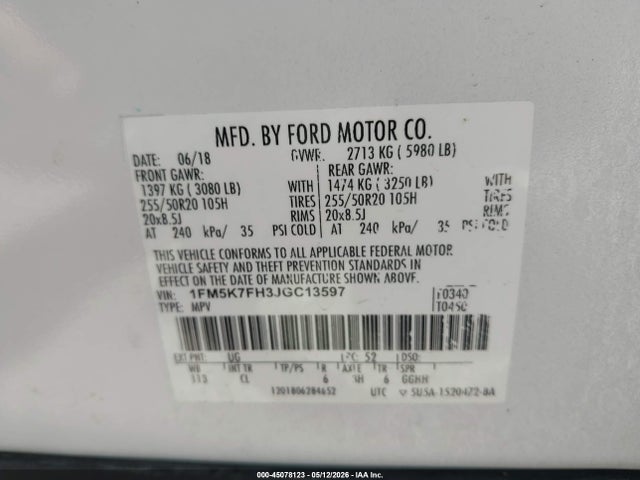 Aukcja sprzedaży 2018 Ford Explorer Limited, vin: 1FM5K7FH3JGC13597, numer aukcji: 45078123