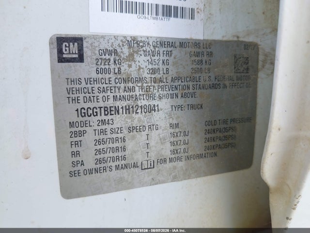 Aukcja sprzedaży 2017 Chevrolet Colorado Wt, vin: 1GCGTBEN1H1218041, numer aukcji: 45078124