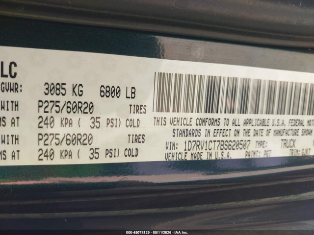 Aukcja sprzedaży 2011 Ram 1500 Laramie, vin: 1D7RV1CT7BS620507, numer aukcji: 45078129