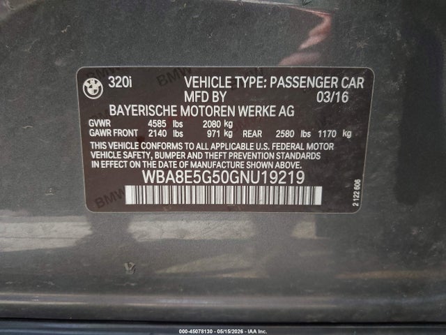 Aukcja sprzedaży 2016 Bmw 320i Xdrive, vin: WBA8E5G50GNU19219, numer aukcji: 45078130