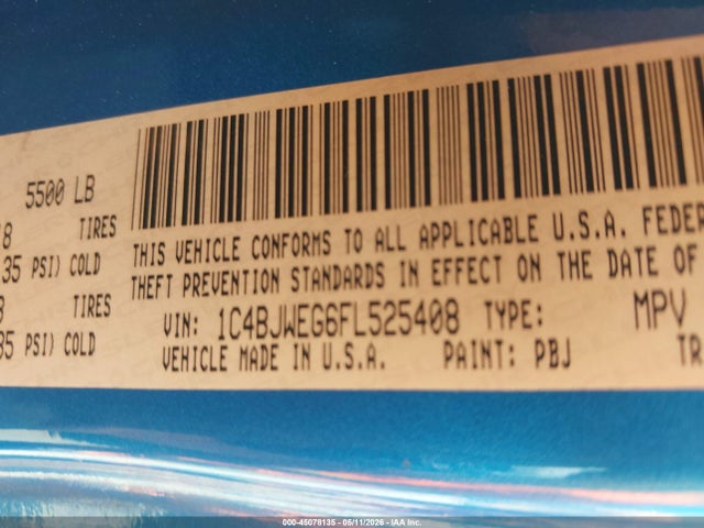 2015 Jeep Wrangler Unlimited Sahara მანქანა იყიდება აუქციონზე, vin: 1C4BJWEG6FL525408, აუქციონის ნომერი: 45078135