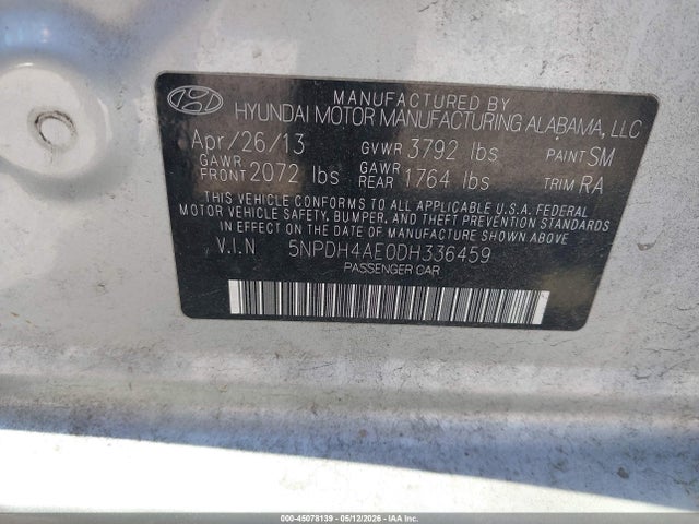 Aukcja sprzedaży 2013 Hyundai Elantra Gls, vin: 5NPDH4AE0DH336459, numer aukcji: 45078139