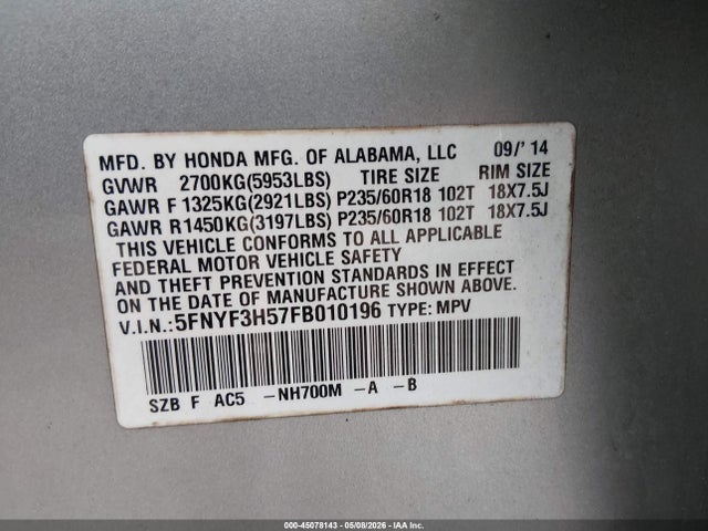 Продаж на аукціоні авто 2015 Honda Pilot Ex-l, vin: 5FNYF3H57FB010196, номер лоту: 45078143
