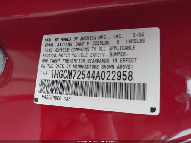 Aukcja sprzedaży 2004 Honda Accord 2.4 Ex, vin: 1HGCM72544A022958, numer aukcji: 45078149