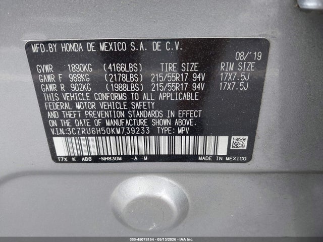 2019 Honda Hr-v Ex მანქანა იყიდება აუქციონზე, vin: 3CZRU6H50KM739233, აუქციონის ნომერი: 45078154
