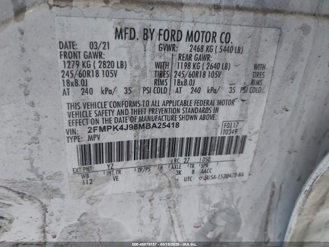 Продажа на аукционе авто 2021 Ford Edge Sel, vin: 2FMPK4J98MBA25418, номер лота: 45078157