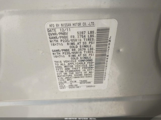 Aukcja sprzedaży 2012 Nissan Murano Sl, vin: JN8AZ1MW9CW215882, numer aukcji: 45078158