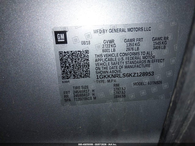 45078159 :رقم المزاد ، 1GKKNRLS6KZ128953 vin ، 2019 Gmc Acadia Sle-1 مزاد بيع