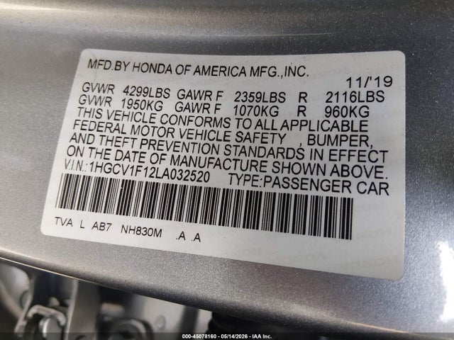 Продажа на аукционе авто 2020 Honda Accord Lx, vin: 1HGCV1F12LA032520, номер лота: 45078160