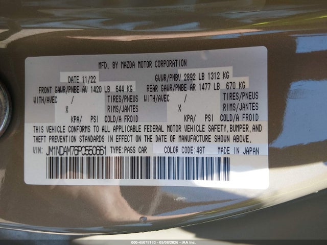 2023 Mazda Mx-5 Miata Rf Grand Touring მანქანა იყიდება აუქციონზე, vin: JM1NDAM76P0550661, აუქციონის ნომერი: 45078163