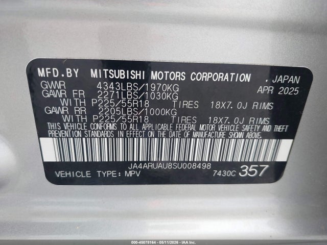 Aukcja sprzedaży 2025 Mitsubishi Outlander Sport 2.0 Es Awc/2.0 Le Awc/2.0 S Awc/2.0 Se Awc/2.0 Trail Edition Awc, vin: JA4ARUAU8SU008498, numer aukcji: 45078164