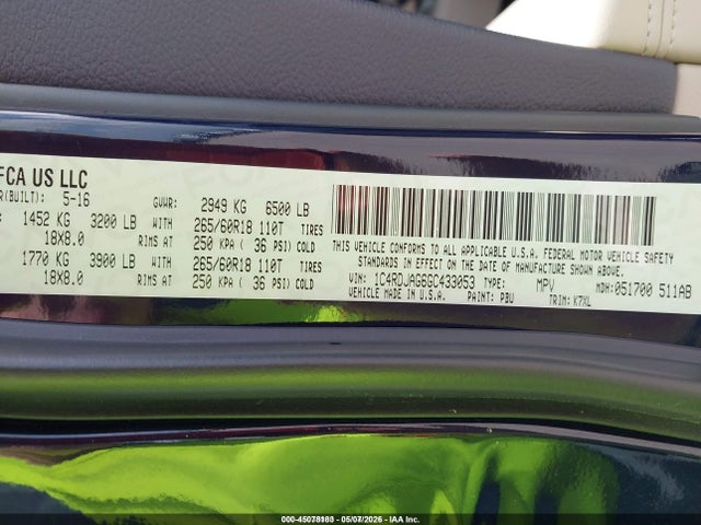 Продаж на аукціоні авто 2016 Dodge Durango Sxt, vin: 1C4RDJAG6GC433053, номер лоту: 45078183