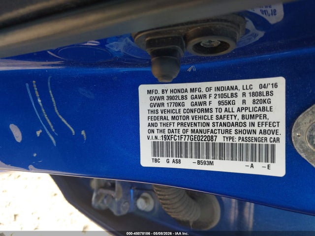 Aukcja sprzedaży 2016 Honda Civic Ex-l, vin: 19XFC1F77GE022087, numer aukcji: 45078186