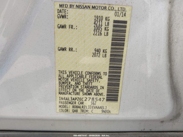 Aukcja sprzedaży 2014 Nissan Altima 2.5 S, vin: 1N4AL3AP2EC278547, numer aukcji: 45078187