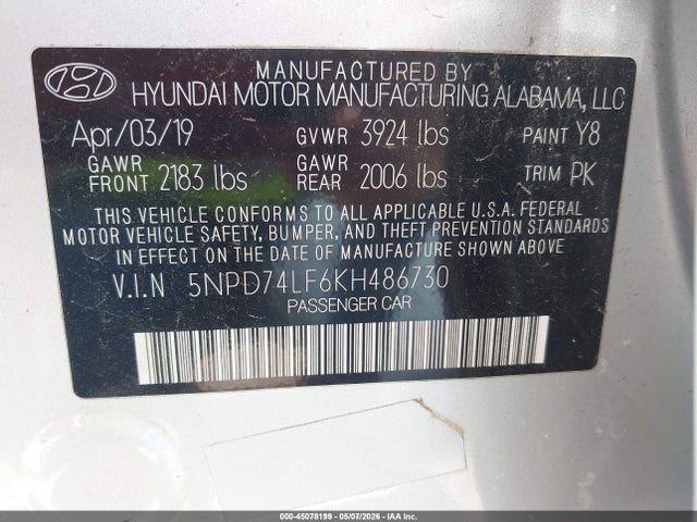 Aukcja sprzedaży 2019 Hyundai Elantra Se, vin: 5NPD74LF6KH486730, numer aukcji: 45078199