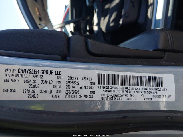 2012 Jeep Grand Cherokee Laredo მანქანა იყიდება აუქციონზე, vin: 1C4RJEAG0CC307202, აუქციონის ნომერი: 45078206