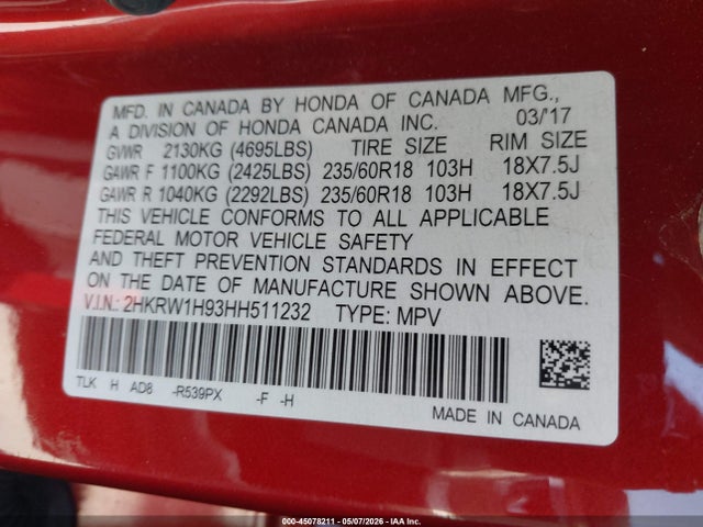 2HKRW1H93HH511232 Honda Cr-v Touring
