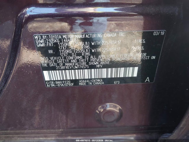 Продаж на аукціоні авто 2018 Toyota Rav4 Xle, vin: 2T3RFREV1JW774575, номер лоту: 45078213